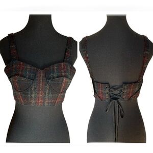 KIOK 100% Wool Crop Top Size Small Plaid Straps Korean